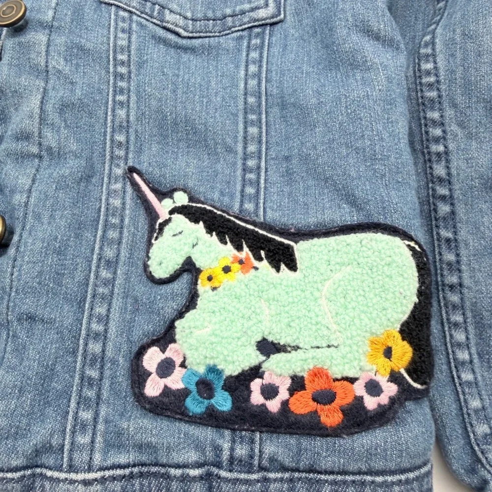 Hanna Andersson Girls Sherpa Lined Denim Jacket Lion Unicorn Embroidered Blue 8